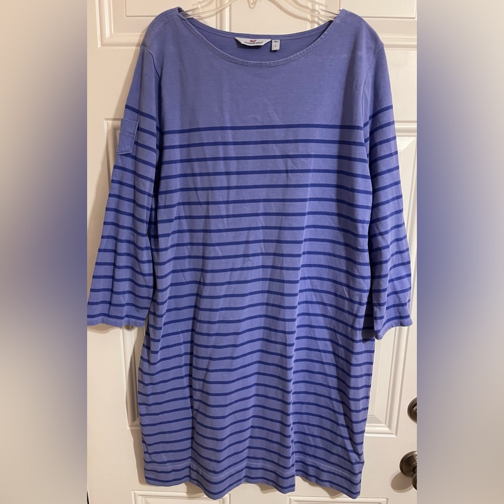 Vineyard Vines Tunic Dress Marlin Blue‎ Garment Dye Stripe Knit 3/4 Sleeve Large